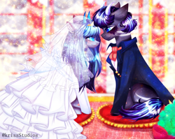 Size: 4000x3179 | Tagged: safe, artist:krissstudios, imported from derpibooru, oc, oc only, pony, clothes, dress, female, horns, male, mare, shipping, stallion, straight, suit, wedding dress