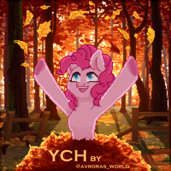 Size: 1400x1400 | Tagged: safe, artist:avroras_world, imported from derpibooru, pinkie pie, earth pony, pegasus, pony, commission, female, fence, leaf pile, leaves, mare, solo, tree, ych example, your character here