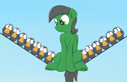 Size: 1280x830 | Tagged: safe, artist:subjectnumber2394, imported from derpibooru, oc, oc only, oc:spaceking, bird, pegasus, pony, behaving like a bird, chest fluff, cute, disney, for the birds, frown, gradient background, gray mane, gray tail, green eyes, looking down, male, ocbetes, pegasus oc, pikmin (series), pixar, power line, sitting, smiling, stallion, tail, this will not end well, underhoof, wide eyes, worried