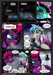 Size: 2480x3508 | Tagged: safe, artist:dsana, imported from derpibooru, fizzlepop berrytwist, tempest shadow, oc, oc:fireweed, oc:thistledown, earth pony, pony, unicorn, comic:a storm's lullaby, broken horn, comic, crying, female, high res, horn, male, one eye closed, open mouth, snow