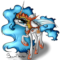 Size: 2817x2826 | Tagged: safe, artist:beamybutt, imported from derpibooru, daybreaker, oc, oc only, oc:moonbeam, alicorn, pony, alicorn oc, clothes, cosplay, costume, ear fluff, eyelashes, female, grin, high res, hoof shoes, horn, mare, peytral, simple background, smiling, solo, transparent background, wings