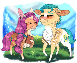 Size: 1280x1049 | Tagged: safe, artist:malinraf1615, imported from derpibooru, hitch trailblazer, sunny starscout, earth pony, pony, blushing, book, chest fluff, chibi, cute, eyes closed, female, floppy ears, g5, hitchbetes, male, obtrusive watermark, shipping, straight, sunnybetes, sunnyhitch, watermark