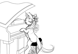 Size: 3200x2200 | Tagged: safe, artist:miioko, imported from derpibooru, oc, oc only, pony, unicorn, eyes closed, flower, flower in hair, high res, horn, lineart, monochrome, musical instrument, piano, simple background, sitting, solo, unicorn oc, white background