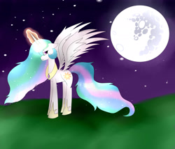 Size: 2647x2265 | Tagged: safe, artist:lucky-em, imported from derpibooru, princess celestia, alicorn, pony, bust, ethereal mane, female, full moon, glowing, glowing horn, high res, hoof shoes, horn, mare, mare in the moon, moon, outdoors, peytral, solo, starry mane, wings