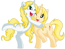 Size: 2820x2127 | Tagged: safe, artist:de-juanchi, imported from derpibooru, oc, oc only, pony, unicorn, :d, bipedal, duo, duo female, female, high res, horn, hug, mare, one eye closed, open mouth, open smile, simple background, smiling, transparent background, unicorn oc, wink