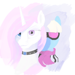 Size: 1700x1700 | Tagged: safe, anonymous artist, imported from derpibooru, fleur-de-lis, photo finish, earth pony, pony, siren, unicorn, fanfic:j'adore, bust, collar, fanfic art, gem, gradient background, heterochromia, jewelry, looking at you, ponybooru import, portrait, sapphire, spiked collar