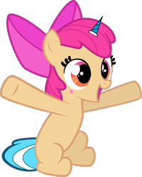 Size: 720x901 | Tagged: safe, artist:pagiepoppie12345, imported from derpibooru, apple bloom, earth pony, pony, adorabloom, blush sticker, blushing, bow, cute, female, filly, hair bow, horn, simple background, smiling, transparent background, unikitty!, vector