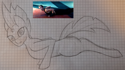 Size: 1542x864 | Tagged: safe, artist:firestarter, imported from derpibooru, tempest shadow, human, pony, unicorn, adult blank flank, blank flank, blank flank tempest, broken horn, edge of tomorrow, emily blunt, graph paper, horn, inktober, inktober 2021, irl, irl human, looking at you, photo, push-ups, reference, rita vrataski, sweat, traditional art, voice actor joke