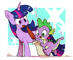 Size: 1580x1304 | Tagged: safe, artist:fuyugi, imported from derpibooru, spike, twilight sparkle, dragon, pony, unicorn, abstract background, blushing, cute, female, horn, male, mare, open mouth, quill, scroll, signature, spikabetes, twiabetes, unicorn twilight