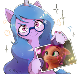 Size: 1427x1346 | Tagged: safe, artist:fuyugi, imported from derpibooru, izzy moonbow, sunny starscout, earth pony, pony, unicorn, bff, bracelet, duo, female, g5, glasses, heart, hoof hold, jewelry, looking at you, mare, my little pony: a new generation, photo, smiling