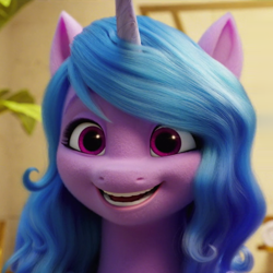 Size: 670x670 | Tagged: safe, imported from derpibooru, screencap, izzy moonbow, pony, unicorn, spoiler:my little pony: a new generation, blue mane, bust, cropped, eyebrows, female, g5, horn, mare, my little pony: a new generation, open mouth, open smile, portrait, purple eyes, smiling, solo