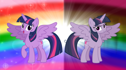 Size: 5360x3008 | Tagged: safe, artist:andoanimalia, imported from derpibooru, mean twilight sparkle, twilight sparkle, alicorn, pony, the mean 6, clone, detailed background, duo, duo female, female, looking at you, mare, messy mane, rainbow background, sparkles, spread wings, twilight sparkle (alicorn), wings