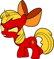 Size: 720x791 | Tagged: safe, artist:pagiepoppie12345, imported from derpibooru, apple bloom, earth pony, pony, angry, apple bloom's bow, bow, cutie mark, female, filly, gritted teeth, hair bow, horn, sharp teeth, shrunken pupils, simple background, solo, tail, teeth, the cmc's cutie marks, transparent background, unikitty!, vector, yellow mane, yellow tail