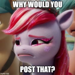 Size: 500x500 | Tagged: safe, edit, edited screencap, imported from derpibooru, screencap, sugar moonlight, earth pony, pony, spoiler:g5, spoiler:my little pony: a new generation, anti-mind reading cap, cropped, eyebrows, female, g5, image macro, imgflip, mare, meme, my little pony: a new generation, reaction image, solo focus, why would you post that