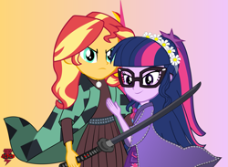 Size: 1747x1280 | Tagged: safe, artist:jcpreactyt, imported from derpibooru, sci-twi, sunset shimmer, twilight sparkle, equestria girls, belt, clothes, cosplay, costume, demon slayer, female, flower, glasses, hair, history of incel virgin, hug, lesbian, protecting, scitwishimmer, shipping, shirt, skirt, sunsetsparkle, sword, weapon