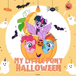 Size: 1080x1080 | Tagged: safe, artist:mylittleponyjpn, imported from derpibooru, part of a set, pinkie pie, rainbow dash, twilight sparkle, alicorn, bat, earth pony, pegasus, pony, spider, female, halloween, holiday, jack-o-lantern, official, pumpkin, trio, trio female, twilight sparkle (alicorn)