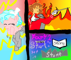 Size: 1280x1073 | Tagged: safe, artist:yonderj, imported from derpibooru, cozy glow, human, pegasus, 1000 hours in ms paint, ace attorney, closed mouth, fire, lighting bolt, pointing, sebastian debeste, title card