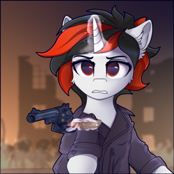 Size: 2500x2500 | Tagged: safe, artist:lakunae, imported from derpibooru, oc, oc:blackjack, fallout equestria, fallout equestria: project horizons, crossover, dirty harry, fanfic art, female, gun, handgun, high res, magic, mare, pistol, solo, telekinesis, weapon