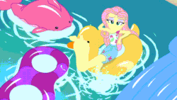 Size: 1280x720 | Tagged: safe, imported from derpibooru, screencap, fluttershy, equestria girls, i'm on a yacht, spoiler:eqg series (season 2), animated, barefoot, feet, female, fetish fuel, flutterfeet, foot focus, gif, lidded eyes, loop, pink hair, pool toy, reversed, sexy, smiling, soles, solo, swimming pool, teal eyes, toes, water, what were they thinking, wiggling toes