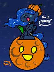 Size: 1350x1800 | Tagged: safe, artist:flutterluv, imported from derpibooru, princess luna, alicorn, pony, series:flutterluv's full moon, cute, dialogue, female, full moon, halloween, happy, holiday, lunabetes, mare, moon, pumpkin, solo, spoopy, tangible heavenly object