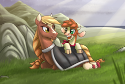 Size: 2700x1800 | Tagged: safe, artist:redahfuhrerking, imported from derpibooru, oc, oc:sila, cow, horse, them's fightin' herds, arizona (tfh), duo, grass, lying down, prone, tfh oc