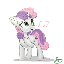 Size: 1000x1000 | Tagged: safe, artist:skylairo, derpibooru exclusive, imported from derpibooru, sweetie belle, pony, unicorn, cute, cutie mark, diasweetes, ear fluff, female, filly, hair, hoof on chest, horn, music notes, note, open mouth, simple background, singing, solo, tail, watermark, white background