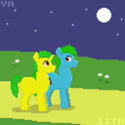 Size: 512x512 | Tagged: safe, artist:valuable ashes, imported from derpibooru, oc, oc:technical writings, oc:valuable ashes, earth pony, pony, unicorn, blank flank, duo, happy birthday mlp:fim, mlp fim's eleventh anniversary, moon, pixel art, stars, story included