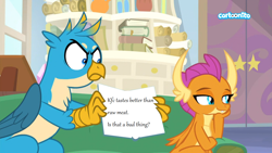 Size: 1280x720 | Tagged: safe, edit, edited screencap, editor:horsesplease, imported from derpibooru, screencap, gallus, smolder, griffon, student counsel, carnivore, cartoonito logo, duo, gallus the rooster, gallus' book, gallusposting, kfc, that griffon sure does love kfc