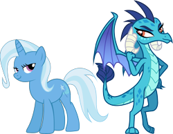 Size: 2550x1983 | Tagged: safe, artist:davidsfire, artist:uxyd, edit, imported from derpibooru, princess ember, trixie, dragon, pony, unicorn, blue, dragon wings, duo, duo female, female, high res, horn, lidded eyes, mare, purple eyes, simple background, smiling, smirk, smug, spread wings, standing, tail, transparent background, two toned mane, two toned tail, vector, wings