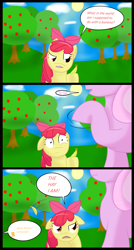 Size: 1500x2800 | Tagged: safe, artist:ricktin, imported from derpibooru, apple bloom, applejack, oc, earth pony, pony, apple, apple tree, banana, bananabloom, female, filly, floppy ears, food, mare, offscreen character, orchard, speech bubble, tree