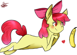 Size: 920x658 | Tagged: safe, artist:pinkiepiestyle, imported from derpibooru, apple bloom, earth pony, pony, banana, bananabloom, blushing, female, filly, food, heart, solo