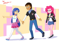 Size: 6884x4865 | Tagged: safe, artist:jeglegator, imported from derpibooru, flash sentry, pinkie pie, oc, oc:copper plume, oc:felicity sentry, equestria girls, blushing, canon x oc, clothes, clothes swap, commissioner:shortskirtsandexplosions, copperpie, crossdressing, denim skirt, female, femboy, glasses, group, hairband, holding hands, implied bisexuality, male, miniskirt, neckerchief, pantyhose, pinkie pie's superior outfit, purse, shipping, shopping, skirt, straight