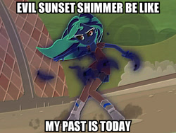 Size: 835x628 | Tagged: safe, edit, edited screencap, imported from derpibooru, screencap, sunset shimmer, equestria girls, my past is not today, caption, evil character be like, image macro, inverted colors, meme, text