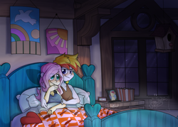 Size: 3500x2500 | Tagged: safe, artist:lionbun, imported from derpibooru, fluttershy, oc, oc:lucky charm, human, equestria girls, bed, bedroom, canon x oc, clothes, commission, couple, cuddling, cuddling in bed, evening, female, flower, fluttershy's cottage, high res, humanized, in bed, male, straight