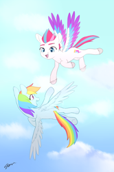 Size: 930x1400 | Tagged: safe, artist:sion, imported from derpibooru, rainbow dash, zipp storm, pegasus, pony, cloud, duo, female, flying, g4, g4 to g5, g5, mare, my little pony: a new generation, open mouth, ponytober, sky