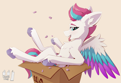 Size: 5700x3900 | Tagged: safe, artist:pedalspony, imported from derpibooru, zipp storm, pegasus, pony, box, chest fluff, concave belly, female, g5, looking at you, mare, my little pony: a new generation, open mouth, packing peanuts, piercing, pony in a box, simple background, slim, solo, tail, thin, tongue out, tongue piercing, white background, wings