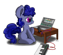 Size: 1500x1300 | Tagged: safe, artist:hisp, imported from derpibooru, oc, oc only, oc:saangosu, pony, computer, daw, glasses, keyboard, laptop computer, microphone, midi, simple background, solo, table, white background