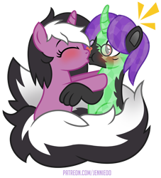 Size: 906x1000 | Tagged: safe, artist:jennieoo, imported from derpibooru, oc, oc:charming dazz, oc:crescent star, crystal pony, pony, skunk, skunk pony, unicorn, blushing, emanata, eyes closed, fluffy, fluffy tail, glasses, kiss on the lips, kissing, paws, show accurate, simple background, skunkified, species swap, surprise kiss, surprised, tail, tail wrap, transformation, transparent background, vector