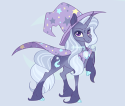 Size: 2600x2200 | Tagged: safe, artist:bishopony, imported from derpibooru, trixie, pony, unicorn, alternate universe, cape, clothes, cloven hooves, colored hooves, curved horn, female, gray background, hat, high res, horn, looking at you, mare, redesign, simple background, solo, unshorn fetlocks