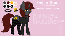 Size: 1269x722 | Tagged: safe, artist:embermare, artist:emberstoneeqf, imported from derpibooru, oc, oc only, oc:ember stone, pony, unicorn, choker, clothes, collar, female, hoodie, mare, reference sheet, socks, solo