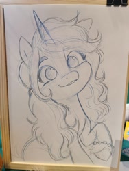 Size: 1536x2048 | Tagged: safe, artist:imalou, imported from derpibooru, izzy moonbow, pony, unicorn, female, g5, grin, mare, my little pony: a new generation, raised hoof, sketch, smiling, solo, traditional art, unshorn fetlocks