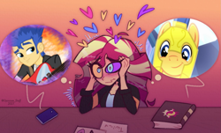 Size: 1703x1028 | Tagged: safe, artist:opossum-stuff, edit, imported from derpibooru, flash sentry, sunset shimmer, pony, equestria girls, book, cellphone, female, flashimmer, floating heart, heart, male, phone, shipping, straight, sunset's journal