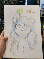 Size: 1536x2048 | Tagged: safe, artist:imalou, imported from derpibooru, izzy moonbow, pony, unicorn, ball, cute, female, g5, grin, horn, hornball, izzy's tennis ball, izzybetes, mare, my little pony: a new generation, sketch, smiling, solo, tennis ball, traditional art