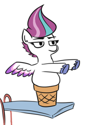 Size: 508x720 | Tagged: safe, artist:jargon scott, imported from derpibooru, zipp storm, pegasus, pony, diving board, female, g5, ice cream cone, mare, my little pony: a new generation, patrick star, reference, simple background, solo, spongebob reference, spongebob squarepants, the fry cook games, unshorn fetlocks, white background