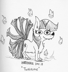 Size: 1784x1880 | Tagged: safe, artist:tjpones, imported from derpibooru, twilight sparkle, fox, fox pony, hybrid, black and white, fangs, female, fire, grayscale, inktober, inktober 2021, kitsune, monochrome, solo, species swap, traditional art, twi-fox, twiggie