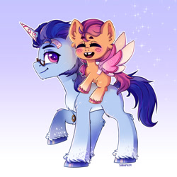 Size: 1280x1280 | Tagged: safe, artist:sakuro24, imported from derpibooru, sunny starscout, earth pony, pony, argyle starshine, blank flank, blushing, cardboard wings, chest fluff, chin fluff, cute, duo, ear fluff, eyes closed, fake horn, fake wings, father and child, father and daughter, female, filly, filly sunny starscout, g5, leg fluff, male, my little pony: a new generation, open mouth, ponies riding ponies, profile, riding, stallion, sunny starscout riding argyle starshine, sunnybetes, tooth gap, younger