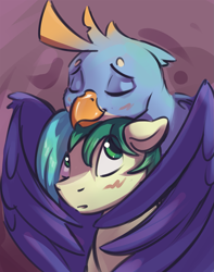 Size: 1307x1657 | Tagged: safe, artist:kam, imported from derpibooru, gallus, sandbar, earth pony, griffon, pony, blushing, eye clipping through hair, eyes closed, gallbar, gay, griffon x pony, hug, interspecies, lying down, lying on top of someone, male, shipping, smiling, stallion, teenager, winghug, wings