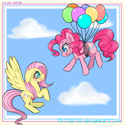 Size: 1386x1422 | Tagged: safe, artist:nichandesu, imported from derpibooru, fluttershy, pinkie pie, earth pony, pegasus, pony, :d, balloon, cute, diapinkes, duo, eyelashes, female, floating, mare, open mouth, open smile, shyabetes, smiling, then watch her balloons lift her up to the sky, wings