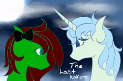 Size: 5390x3550 | Tagged: safe, artist:lucky-em, imported from derpibooru, oc, oc only, oc:emerald, earth pony, pony, unicorn, bow, bust, cloud, duo, earth pony oc, female, full moon, hair bow, mare, moon, outdoors, the last unicorn