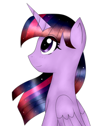 Size: 2280x2631 | Tagged: safe, artist:lucky-em, imported from derpibooru, twilight sparkle, alicorn, pony, bust, ethereal mane, eyelashes, female, high res, horn, mare, simple background, smiling, solo, starry mane, transparent background, twilight sparkle (alicorn), wings